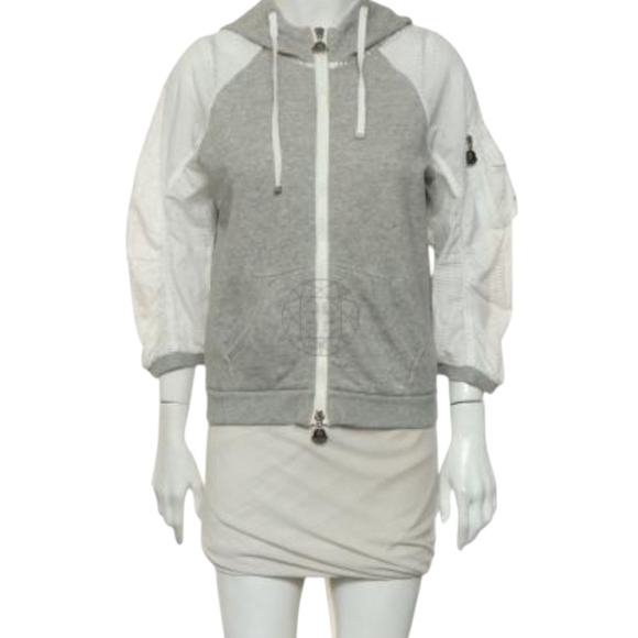 MONCLER - Authentic Luxury 3/4 Sleeve Grey White Mesh Zip Up Hoodie Small - Picture 2 of 11